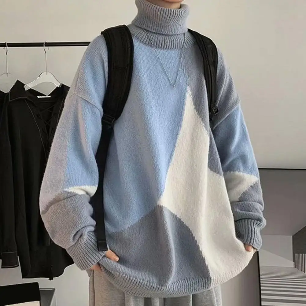 

Color-blocking Sweater Colorblock Knitted Turtleneck Men's Sweater with High Collar for Autumn Winter Soft Warm Thickened