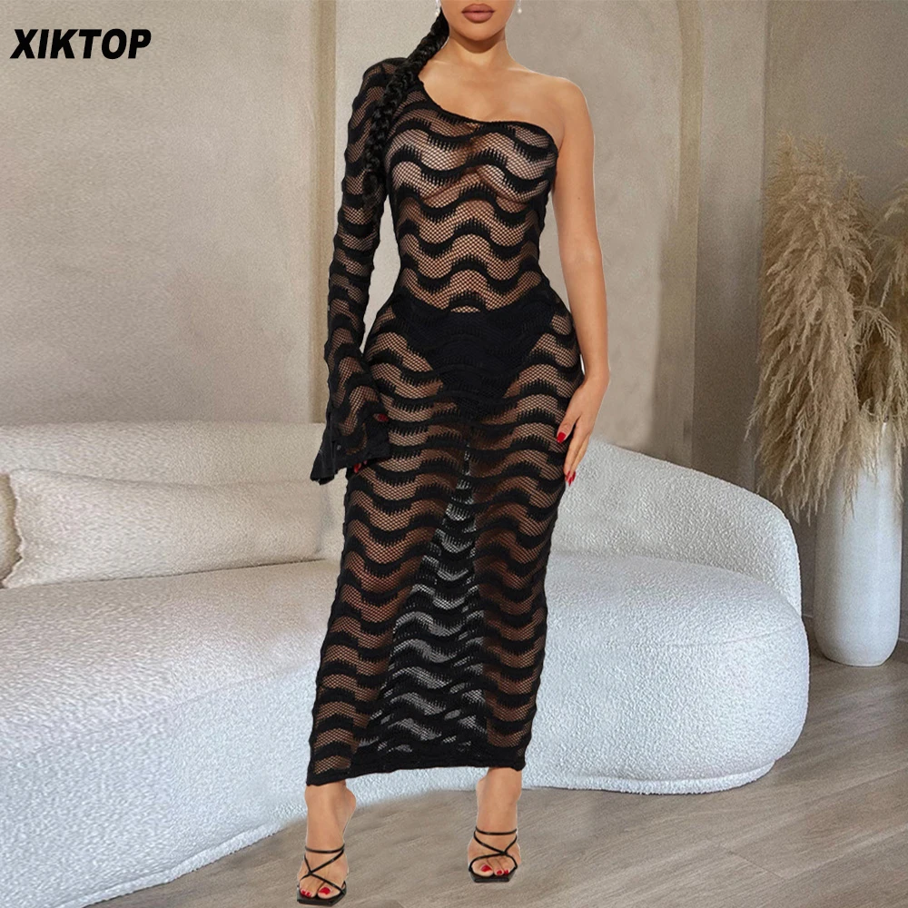

Xiktop One Shoulder Sheer Maxi Dress Women Mesh Wave Detail Diagonal Collar Flare Sleeve Slim Robe Dress Sexy Hot Streetwear New