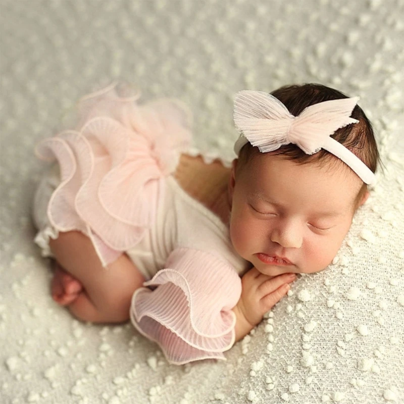 

Baby Photo Clothing Short Jumpsuit & Bowknot Headdress Set Newborn Photo Romper Infant Party Wear Photo Pose Accessories