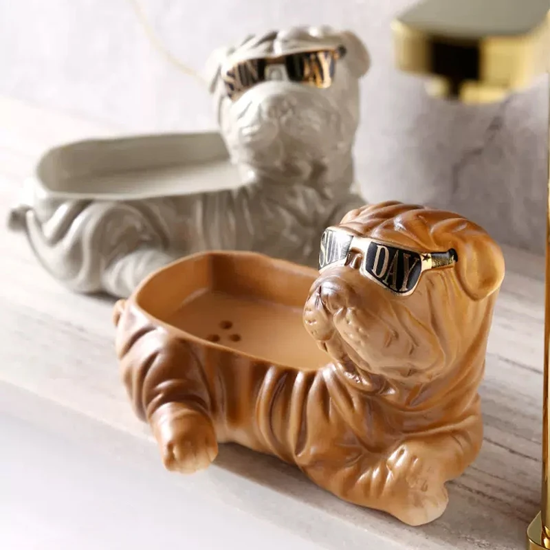 

New Cartoon Cute Dog Shaped Soap Box Ceramic Soap Dish with Drain Water Soap Box Wash Basin Drainage Shelf Bathroom Accessories
