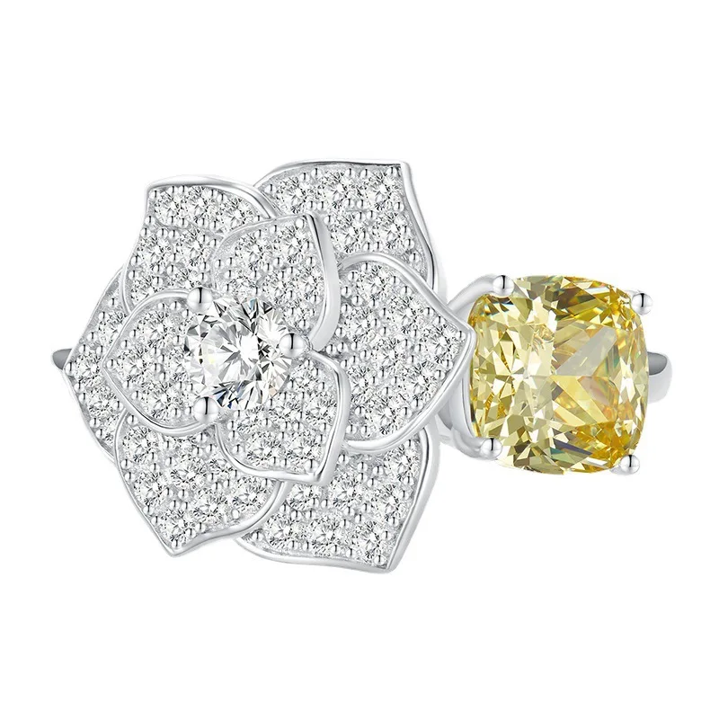 

S925 Серебряное кольцо 8*8, желтое бриллиант, ледяная вырезка, высококачественное модное кольцо камелии