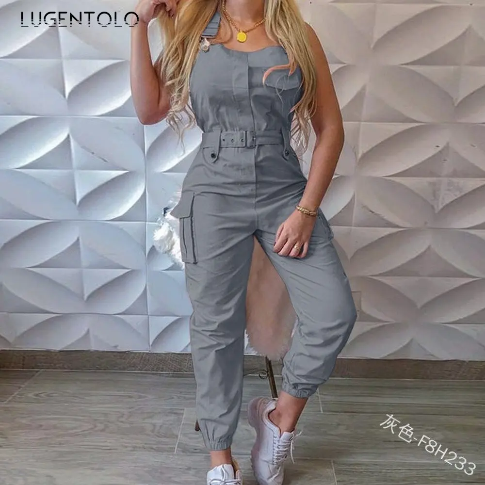 

Lugentolo Sleevess Overalls Women Jumpsuits Casual Solid Summer Fashion Plus Size Imple Restraint Pants with Belt