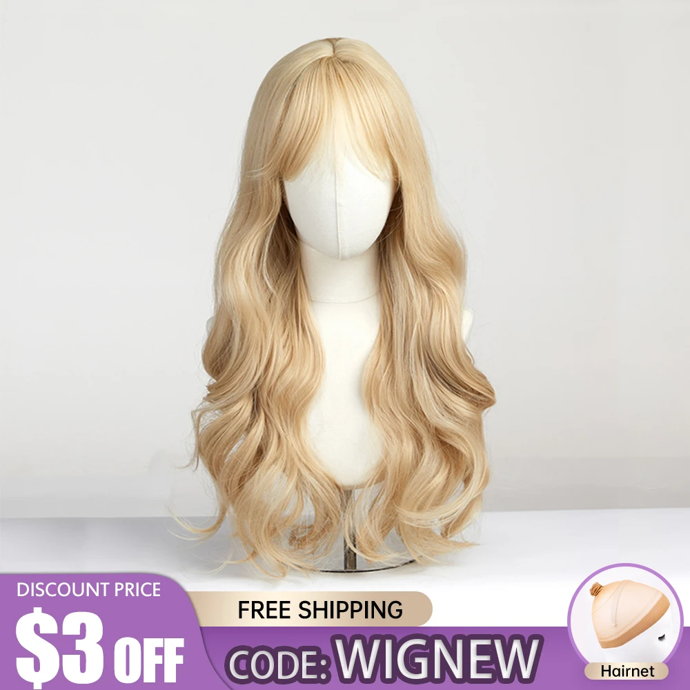

EASIHAIR Sandy Blonde Golden Wavy Synthetic Wigs with Long Bangs Cosplay Lolita Party Hair Wigs for Women Natural Heat Resistant