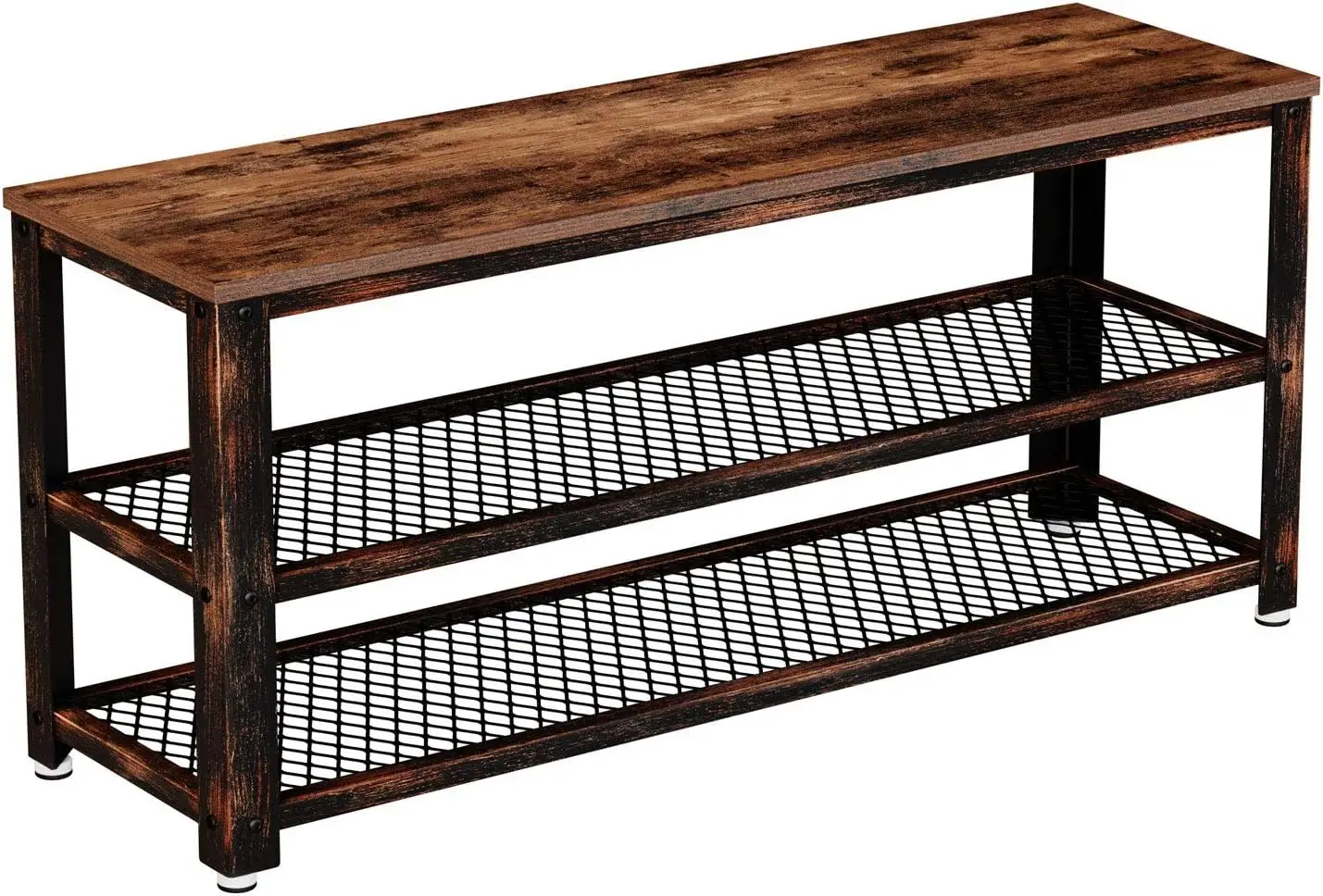 

Shoe Bench, 3-Tier Shoe Rack, 39.4” Storage Entry Bench with Mesh Shelves Wood Seat, Rustic Foyer Bench