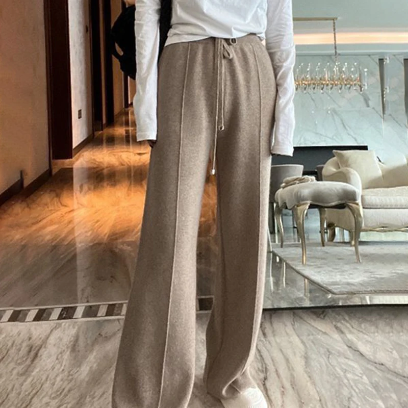 

Wool Wide-Leg Pants Fall Winter High Waist Drooping Slimming Casual Loose Straight Knitted Mop Trousers Outer Wear Soft Elegant