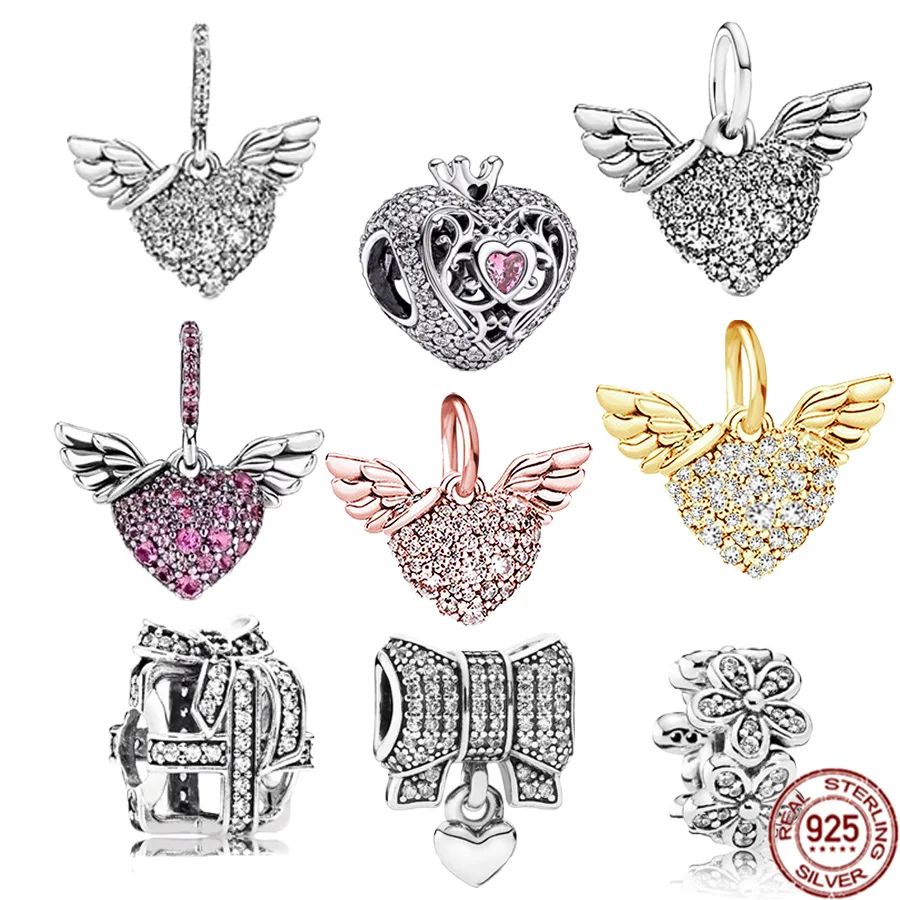 

DIY Charm Jewelry Sparkling Golden Pavé Heart Shaped Angel wings Bowknot 925 Sterling Silver Beads Fit Original Pandora Bracelet