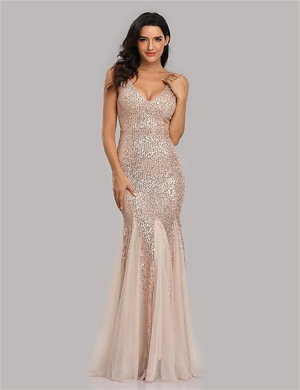 

Mermaid/Trumpet Evening Dresses Sparkle Sexy Prom Gowns Party Wear Formal V-Neck Sleeveless Floor Length Sequined With Sequin