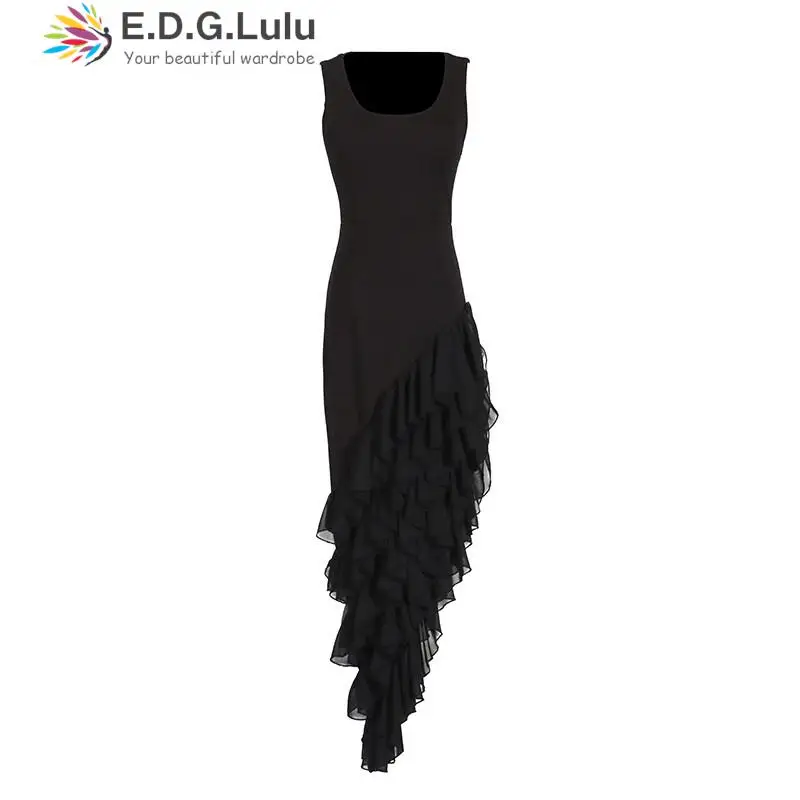 

EDGLuLu Square Collar Sleeveless Black Sexy Dressses Women 2024 Design Patchwork Mesh Asymmetry Cascading Ruffled Long Dress0513