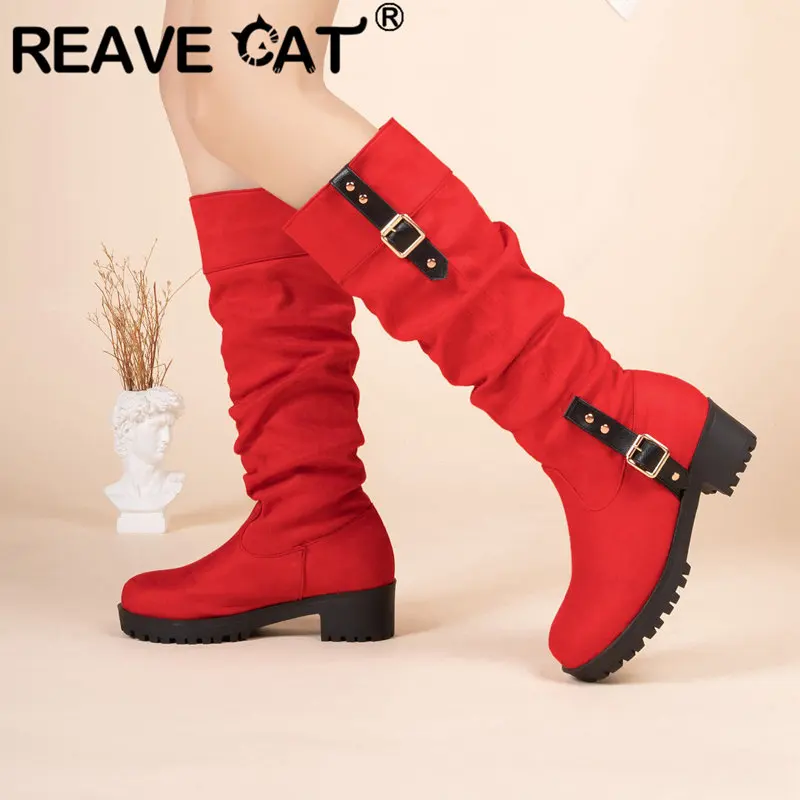 REAVE CAT Women Knee High Boots Round Toe Chunky Heels 5cm Flock Pleated Belt Buckle Big Size 41 42 43 Casual Daily Female Booty
REAVE CAT Women Knee High Boots Round Toe Chunky Heels 5cm Flock Pleated Belt Buckle Big Size 41 42 43 Casual Daily Female Booty