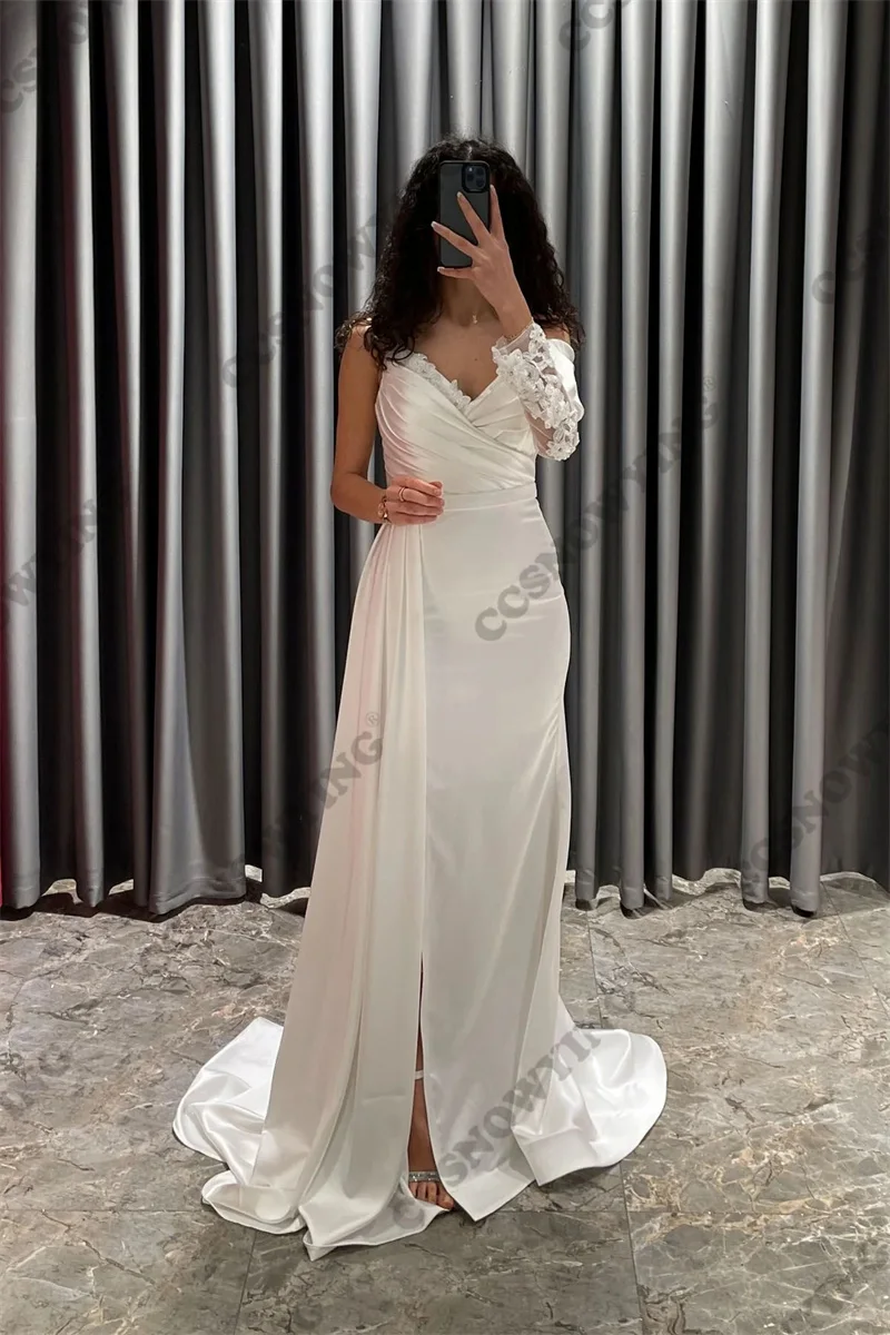 White Satin Appliques Mermaid Long Sleeve Evening Dresses One Shoulder Formal Party Gown V Neck Women Kaftan Robe De Soiree
White Satin Appliques Mermaid Long Sleeve Evening Dresses One Shoulder Formal Party Gown V Neck Women Kaftan Robe De Soiree