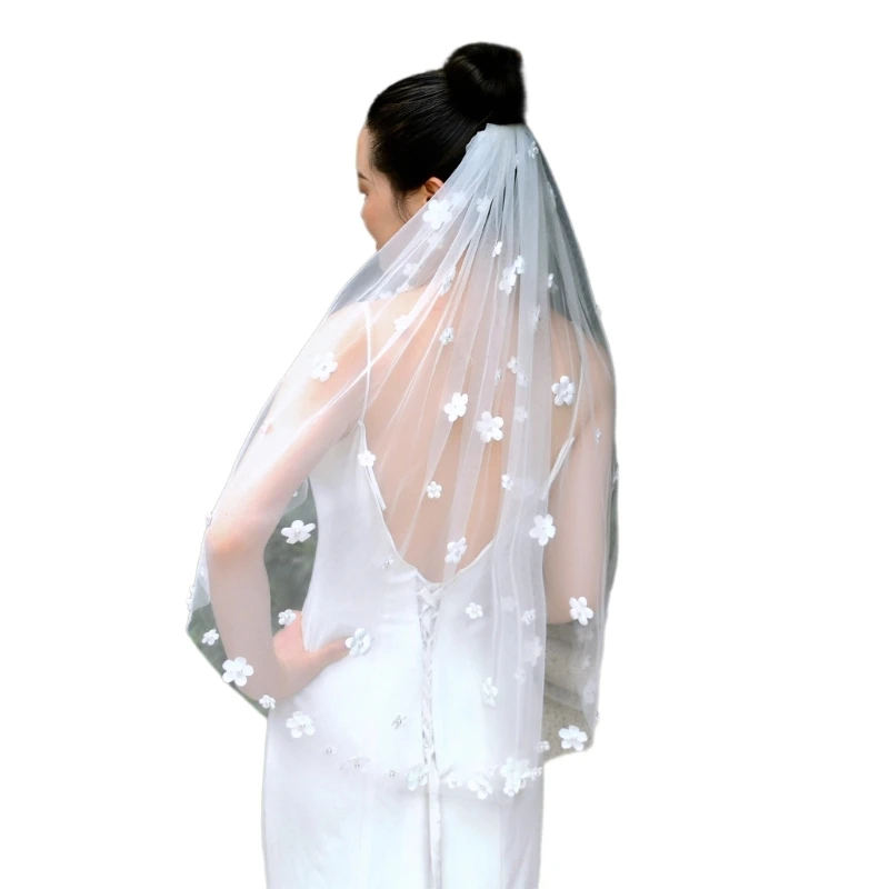 

E15E Bride Veil Studded Pearls Flower Head Covering Wedding Hair Covering White Wedding Veil Headscarf Simple Short Veil