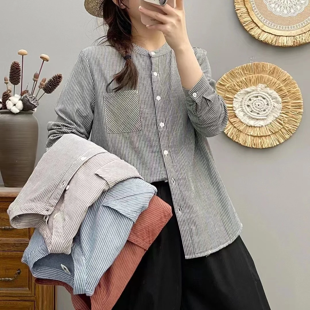 

100%100% Cotton yarn striped shirts woman tops 2024 Korean fashion elegant plus size stripes blouses long sleeve tops