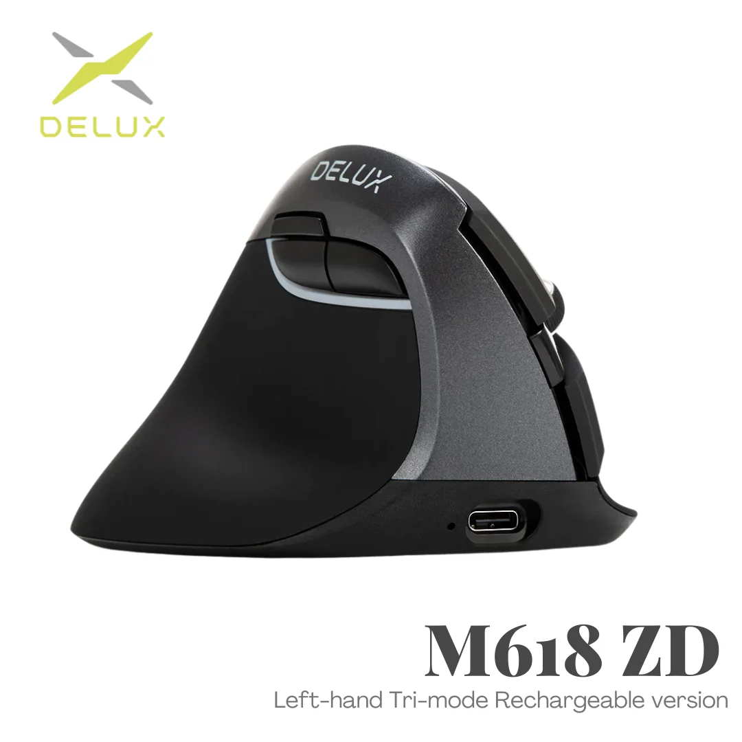 

Delux Left Hand Ergonomic Mouse Wireless Bluetooth 2.4GHz Vertical Rechargeable Silent Mice for Small Hands Laptop PC Office