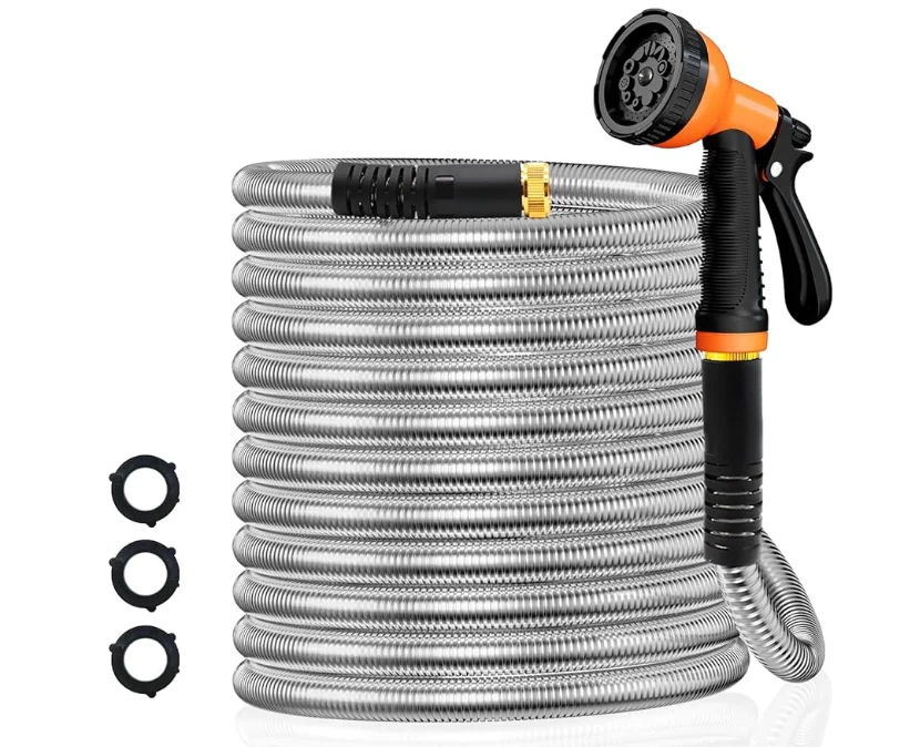 

Garden Hose 100FT Stainless Steel Water Hose with 10 Functions Adjustable Spray Nozzle Heavy-Duty Metal Garden Hose Flexible