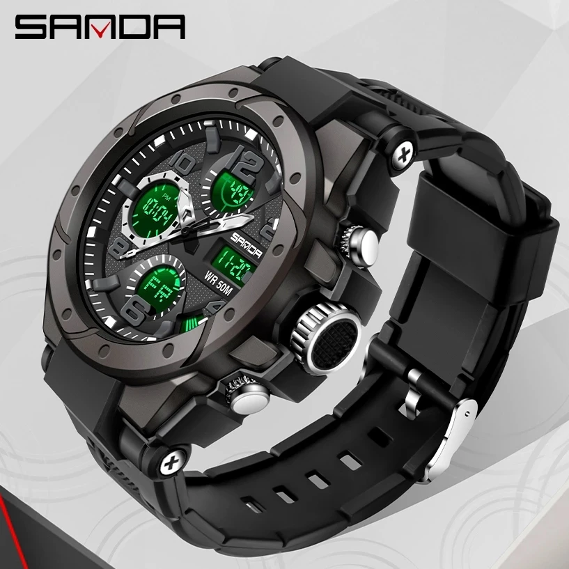 

SANDA Men Sports Watches Dual Display Analog Digital LED Electronic Quartz Wristwatches Waterproof Swimming Military Watch 6008