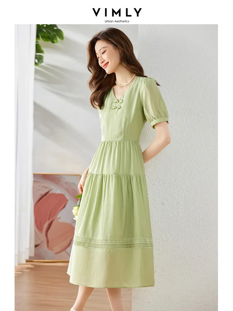 

Vimly Green Lyocell Blend Midi Women's Dress 2023 Elegant Solid Chinese Buttons V Neck Puff Sleeve A Line Summer Tiered Dresses