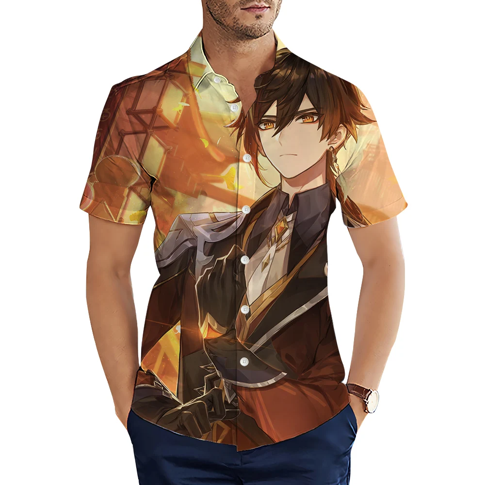 

Рубашка HX с мультяшным аниме Genshin Impact, рубашка с коротким рукавом с 3D принтом для мужчин, летняя повседневная Уличная одежда, Пляжная рубашка, рубашки