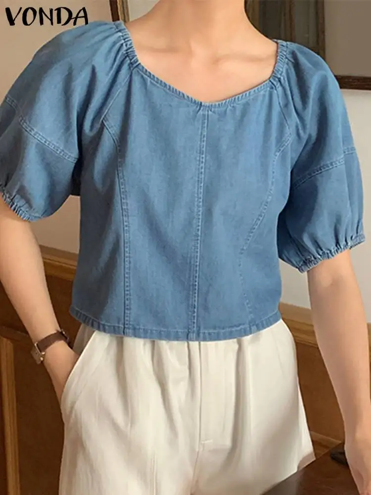 

VONDA Fashion Demin Tops 2023 Women Blouse Short Puff Sleeve Square Neck Summer Casual Loose Solid Color Shirts Female Blusas