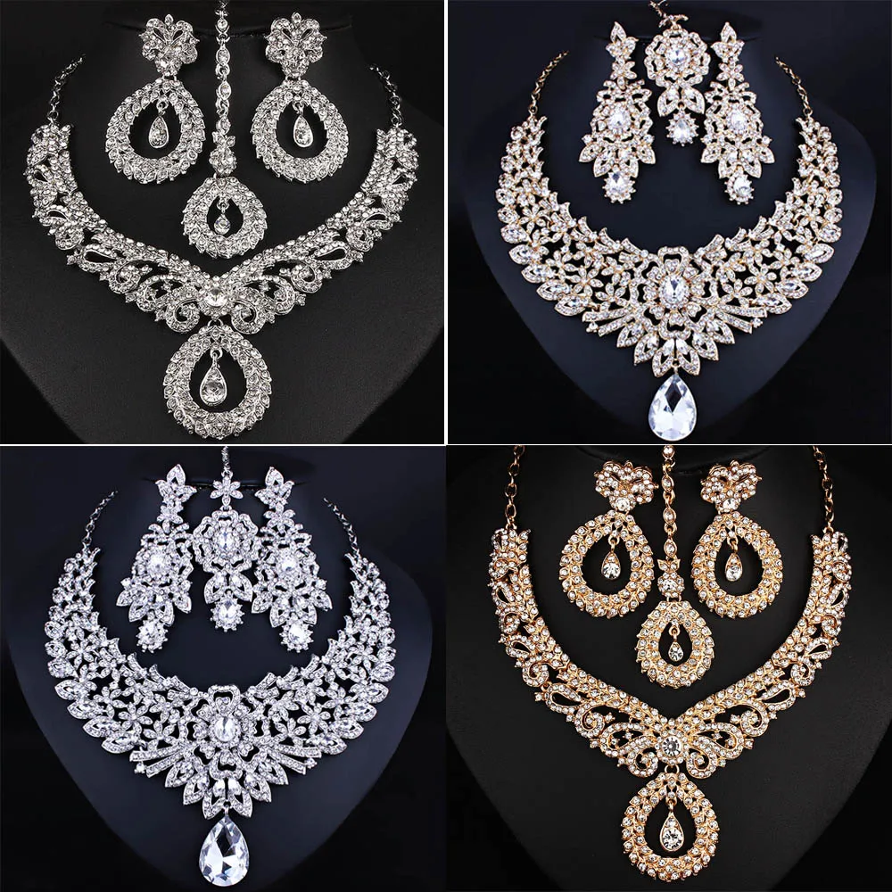 

FARLENA Classic Indian Bridal Necklace Earrings and Frontlet set Luxury Bridal Wedding Crystal Rhinestones Jewelry sets