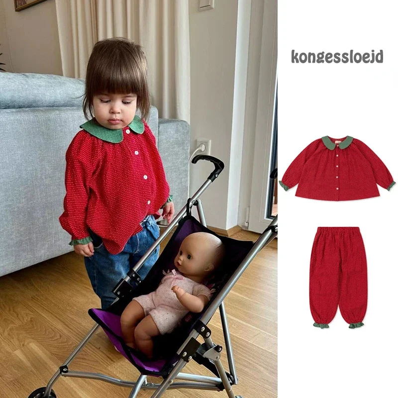 

Spring Ks Kids Clothing Baby Girls Red Polka Dot Long Sleeve T Shirts Autumn Children's Cute Ruffled Trousers Strawberry Suit