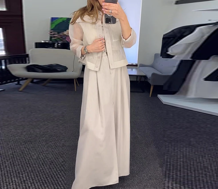 3Pcs Skirt Set Solid Color Mesh Patchwork Jacket Casual Wide Leg Pantsuit for Women Summer Elegant Style Long Sleeved Suit Set
3Pcs Skirt Set Solid Color Mesh Patchwork Jacket Casual Wide Leg Pantsuit for Women Summer Elegant Style Long Sleeved Suit Set
