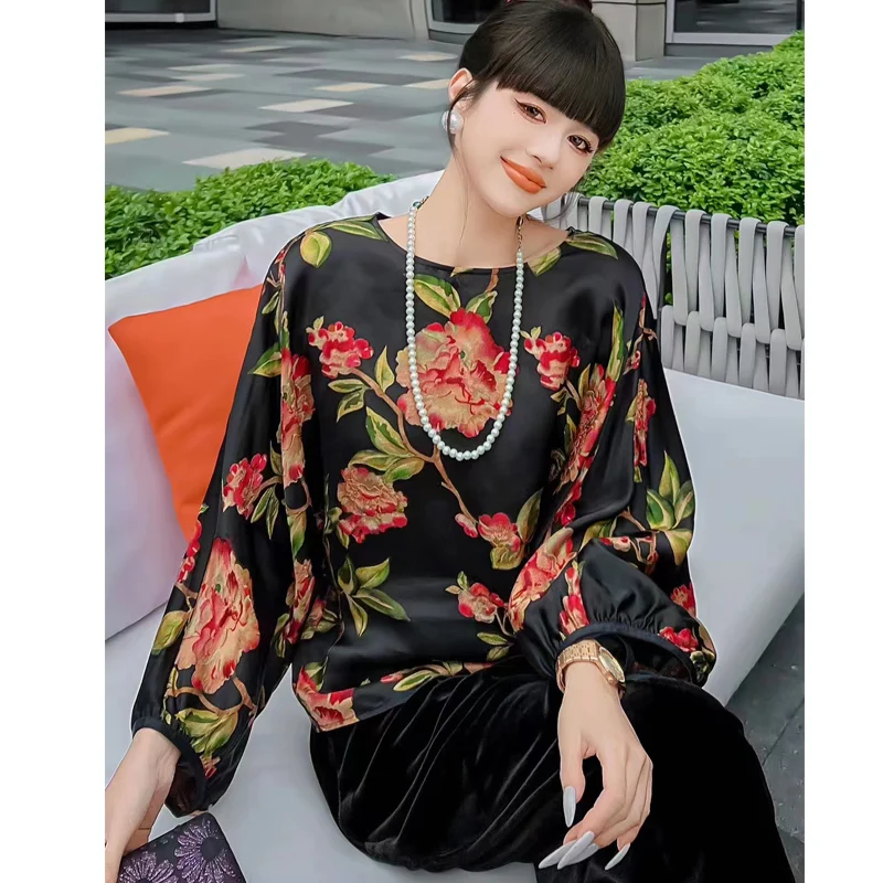 

Spring and Summer New High End Women's O-Neck Loose Silk Printed Big Flower Shirt Fashion Bat Wrist Sleeve Top S-XXL