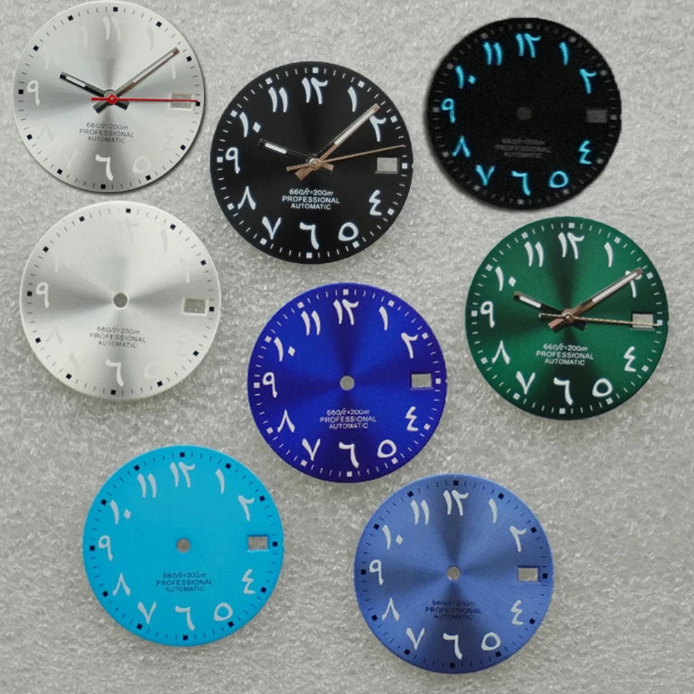 

New 28.5mm NH35 Dial Arabic Letter Numerals Watch Dial Pointers Set BGW9/C3 Luminous Watch Faces for NH35 NH36 4R 6R Movement