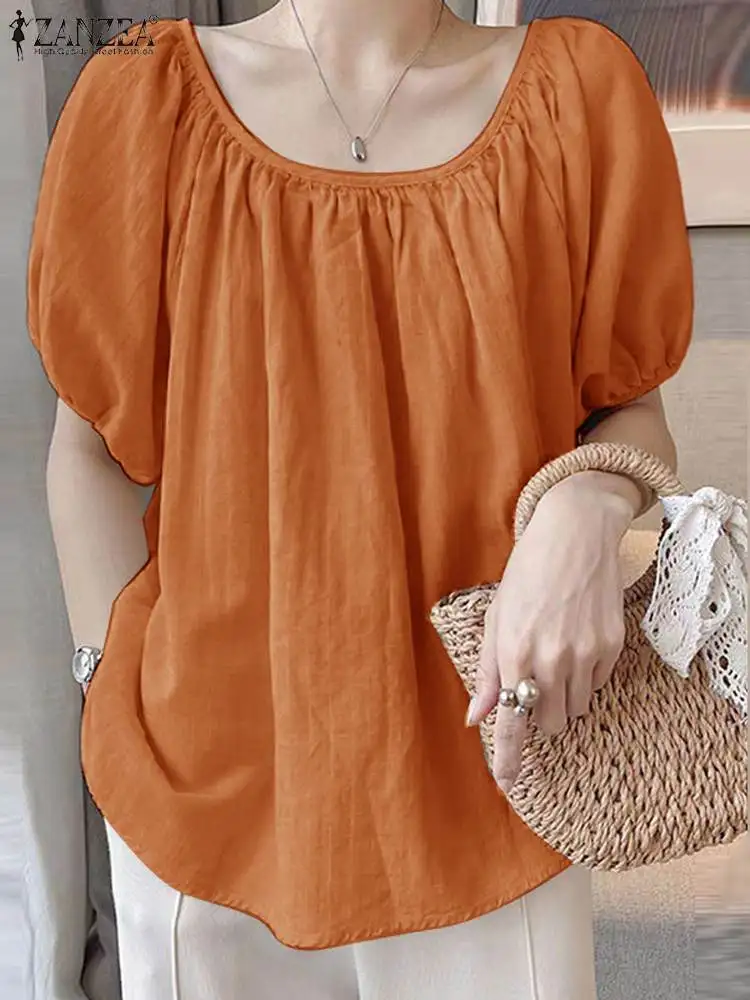 

Women Cotton Blouse 2024 Summer Puff Short Sleeve Tops Tunic ZANZEA Holiday Pleated Solid Blusa Casual Loose Female Sweety Shirt