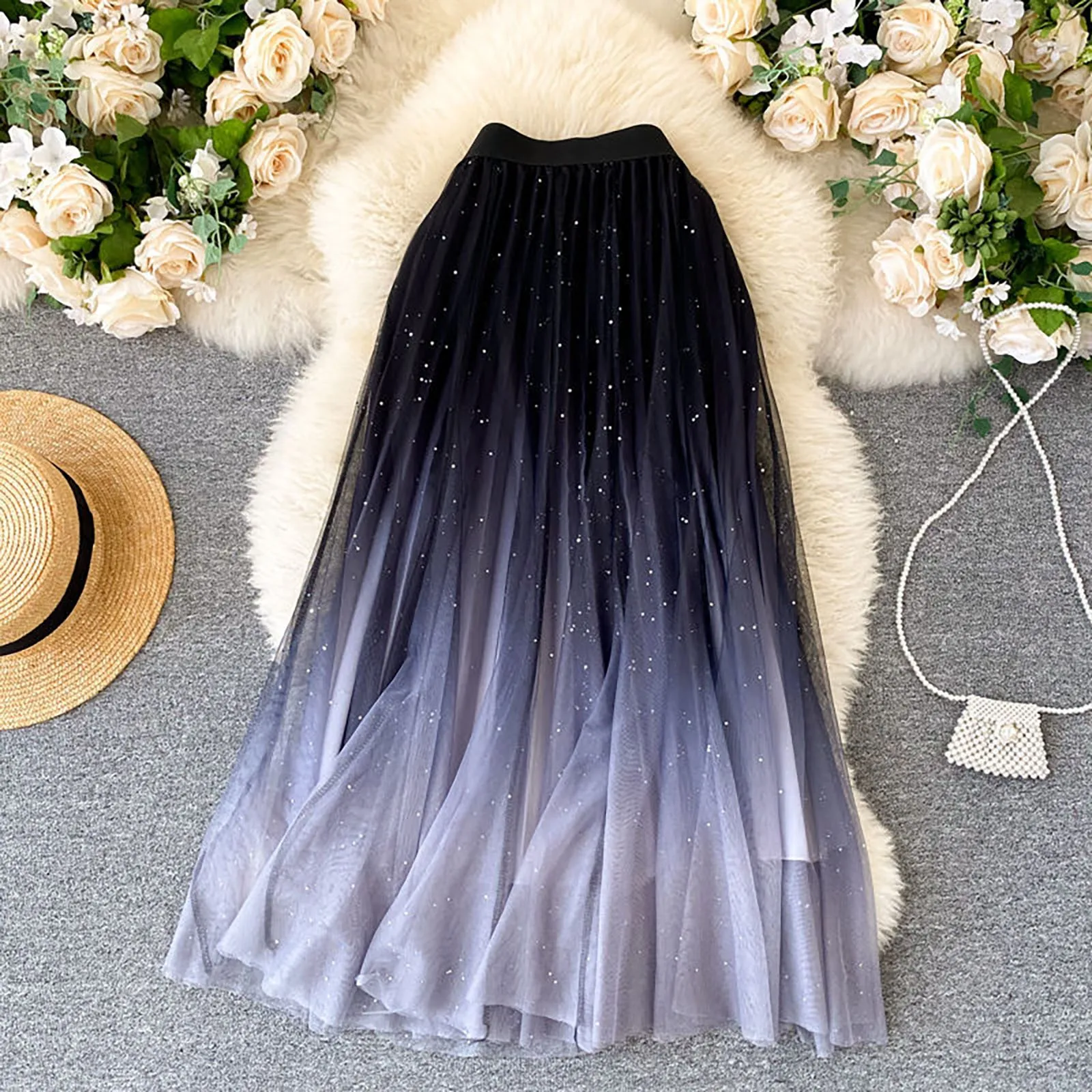 

Women's Half Length Skirt 2024 Summer Starry Sky Gradient Color Mesh Short Dress High Waisted A-Line Pleated Sequin Skirts