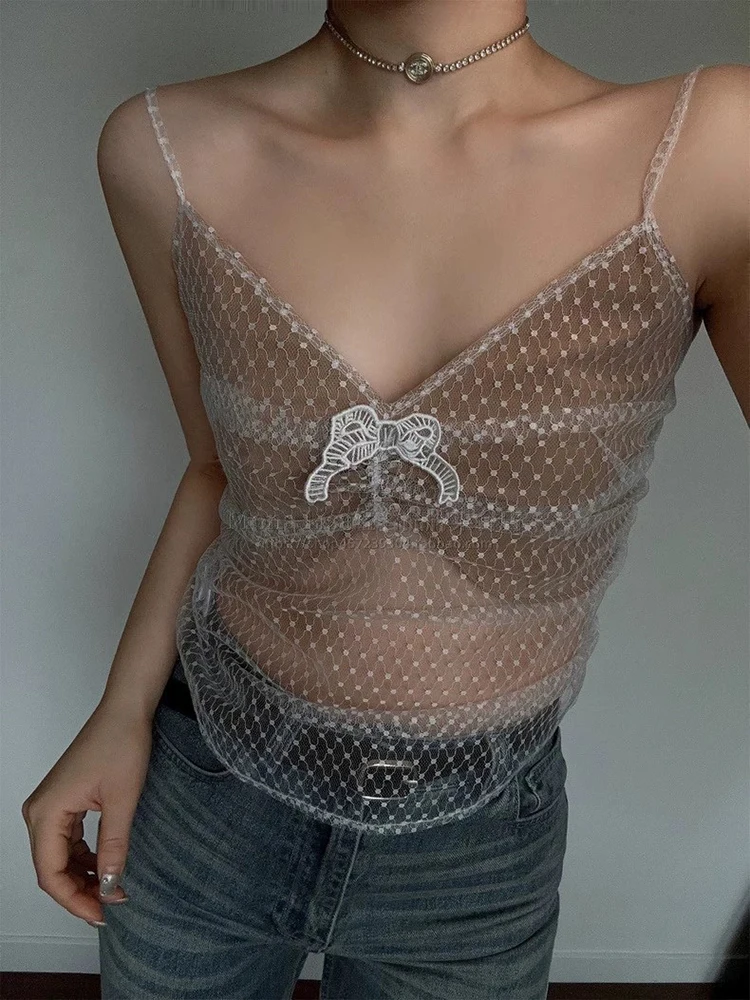 

Lace Camisole Top y2k Bow Tie Decoration Slim Sexy Hundred See Through Mesh Woman clothing 2024 Summer New