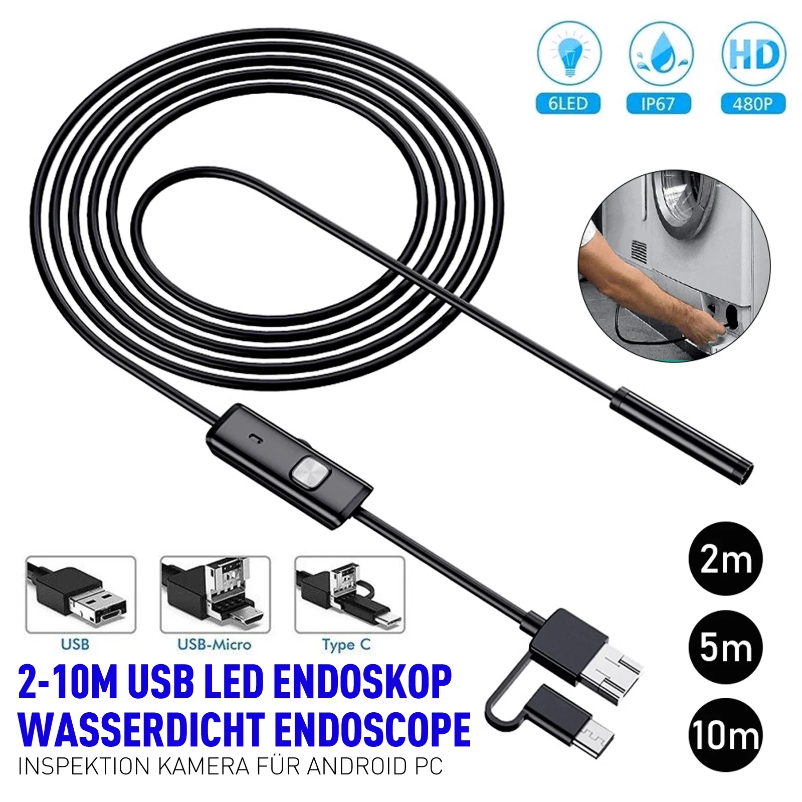 

2M/5M/10M Android Endoscope Mini Camera 3 IN 1 Micro USB Type-c Borescope IP67 Waterproof 6 LED Car Inspection for Sumsang