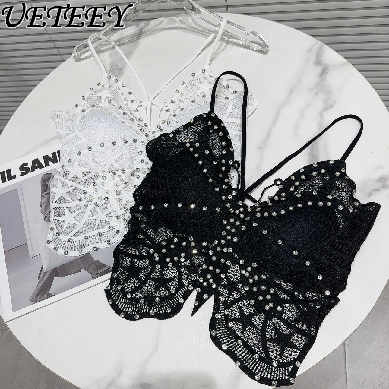 

Sweet Sexy Girls' Outer Short Vest 2024 Spring Summer New Hot Girl Crop Tops Socialite Rhinestone Lace Bow Bottoming Camisole
