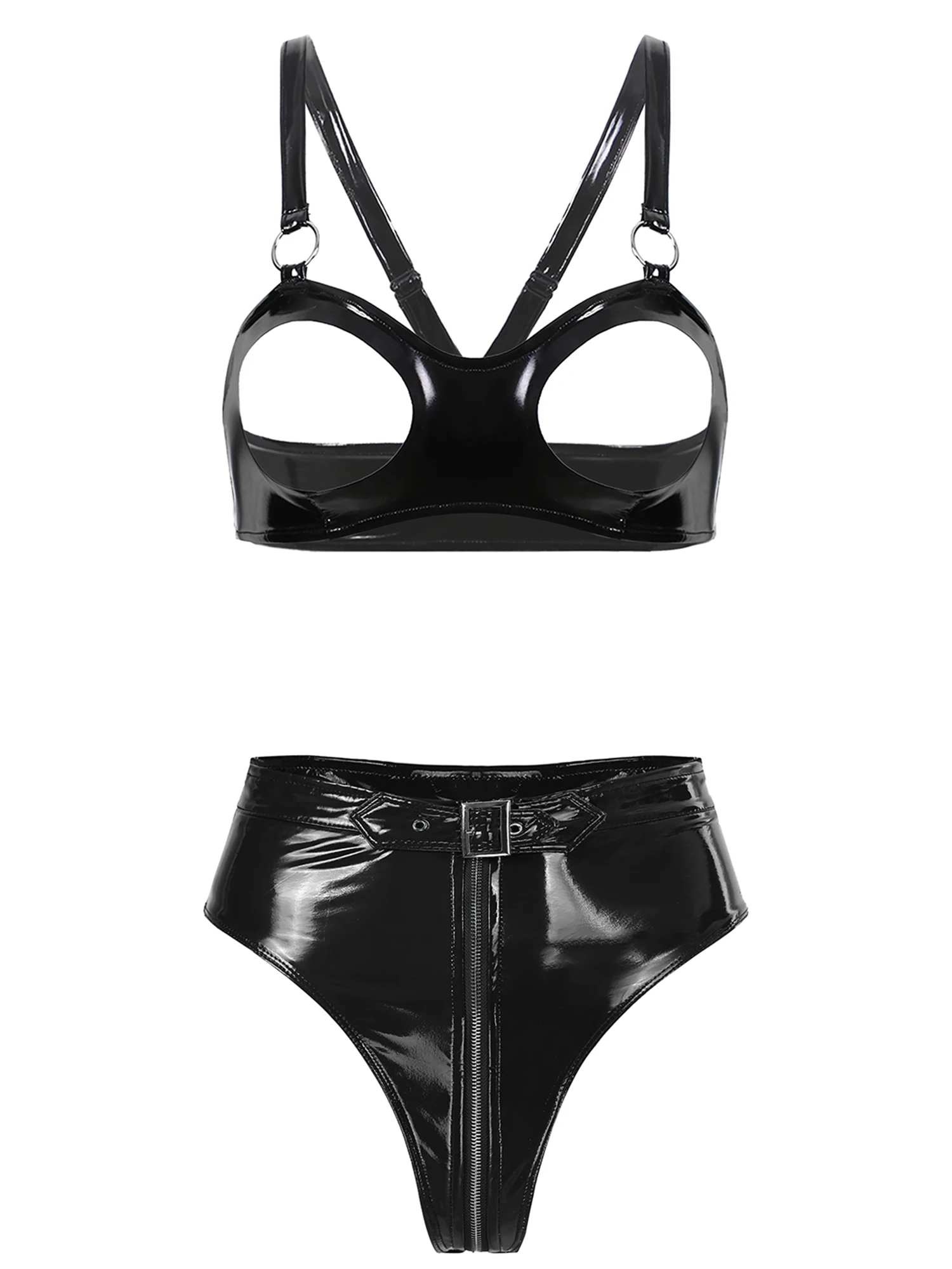 Sexy Womens Patent Leather Lingerie Set Adjustable Open Cup Bra with High Cut Front Zipper Belt Briefs for Nightclub Stage Show
Sexy Womens Patent Leather Lingerie Set Adjustable Open Cup Bra with High Cut Front Zipper Belt Briefs for Nightclub Stage Show