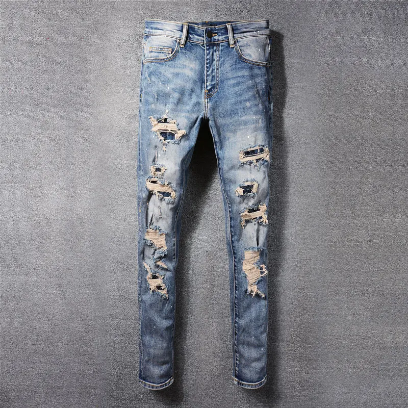 

High Street Fashion Men Jeans Retro Blue Stretch Skinny Fit Ripped Jeans Men Beading Patched Designer Hip Hop Brand Pants Hombre
