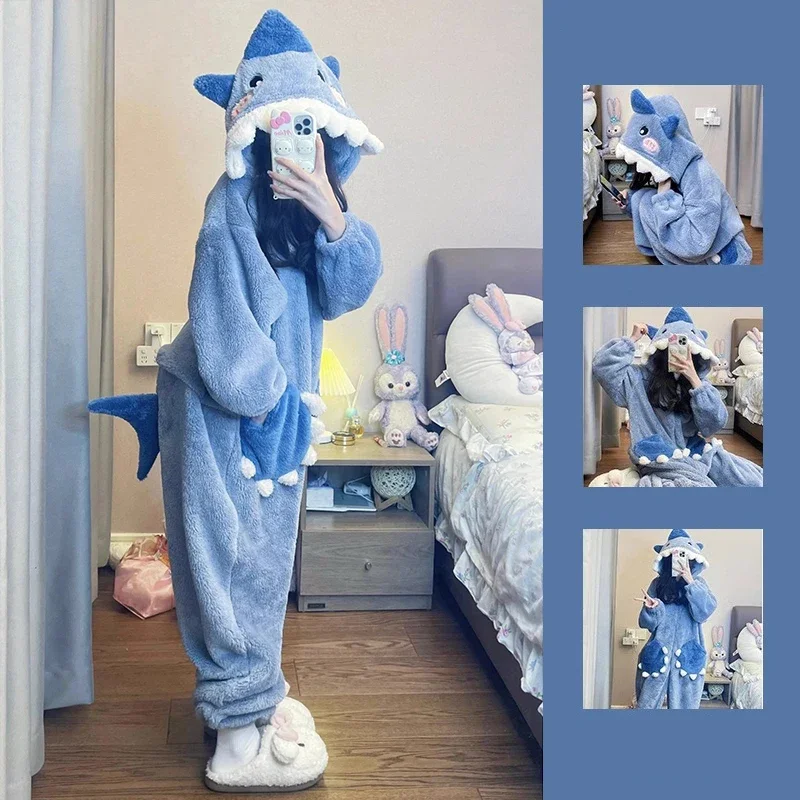 

Cartoon Cute Shark Women's Pajamas Flannel Hooded Sleepwear Pijama jumpsuit Female Set Cute Pyjamas Christmas Party Loungewear