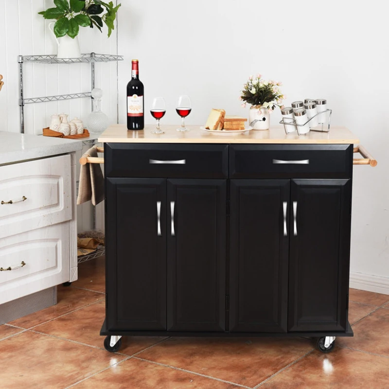 

Rolling Kitchen Island Cart with Rubber Wood Top and Smooth Lockable Wheels Storage Carts Black White Islands Furniture