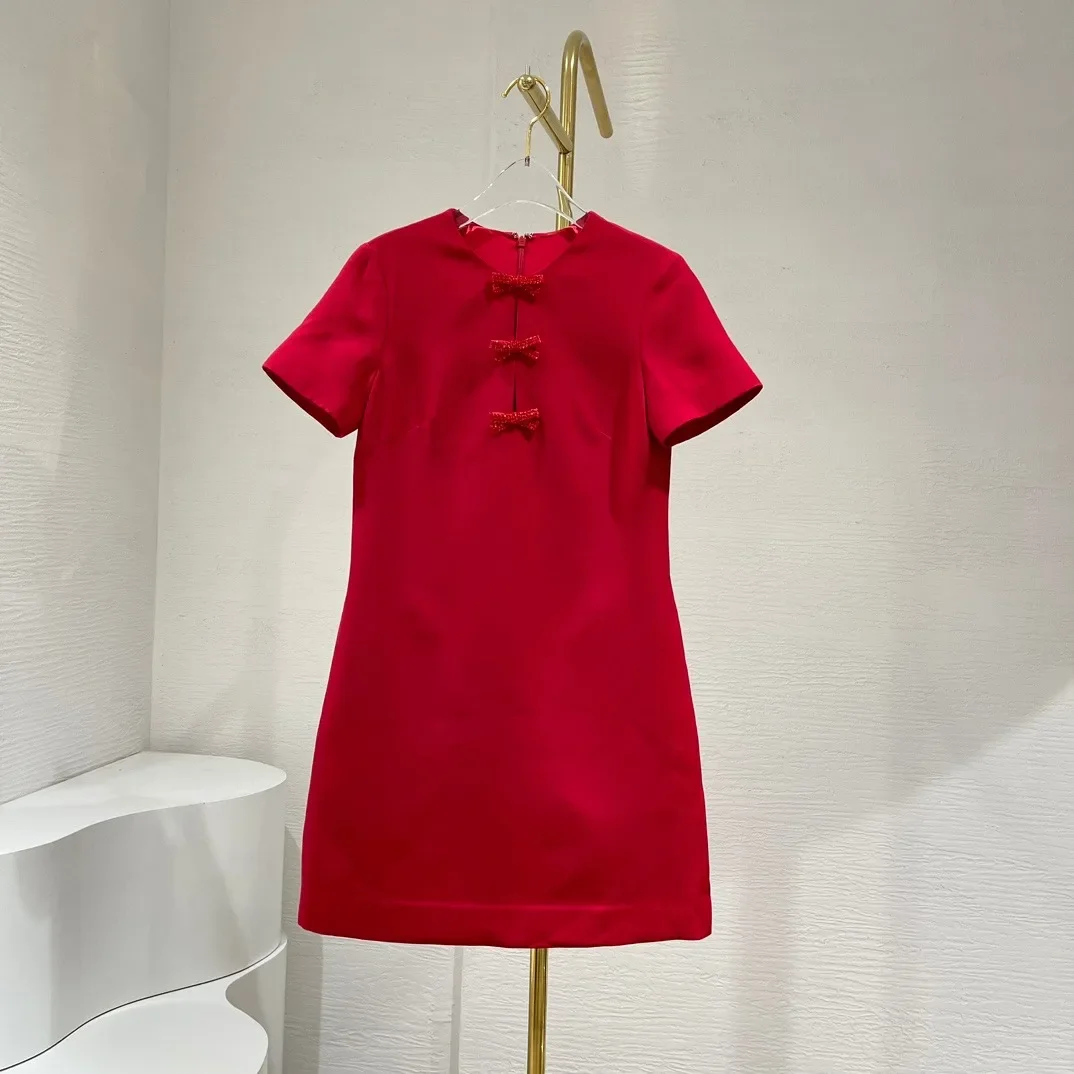 

High Quality Short Sleeve Diamonds Bow Red Black Straight Silk Wool Mini Dress