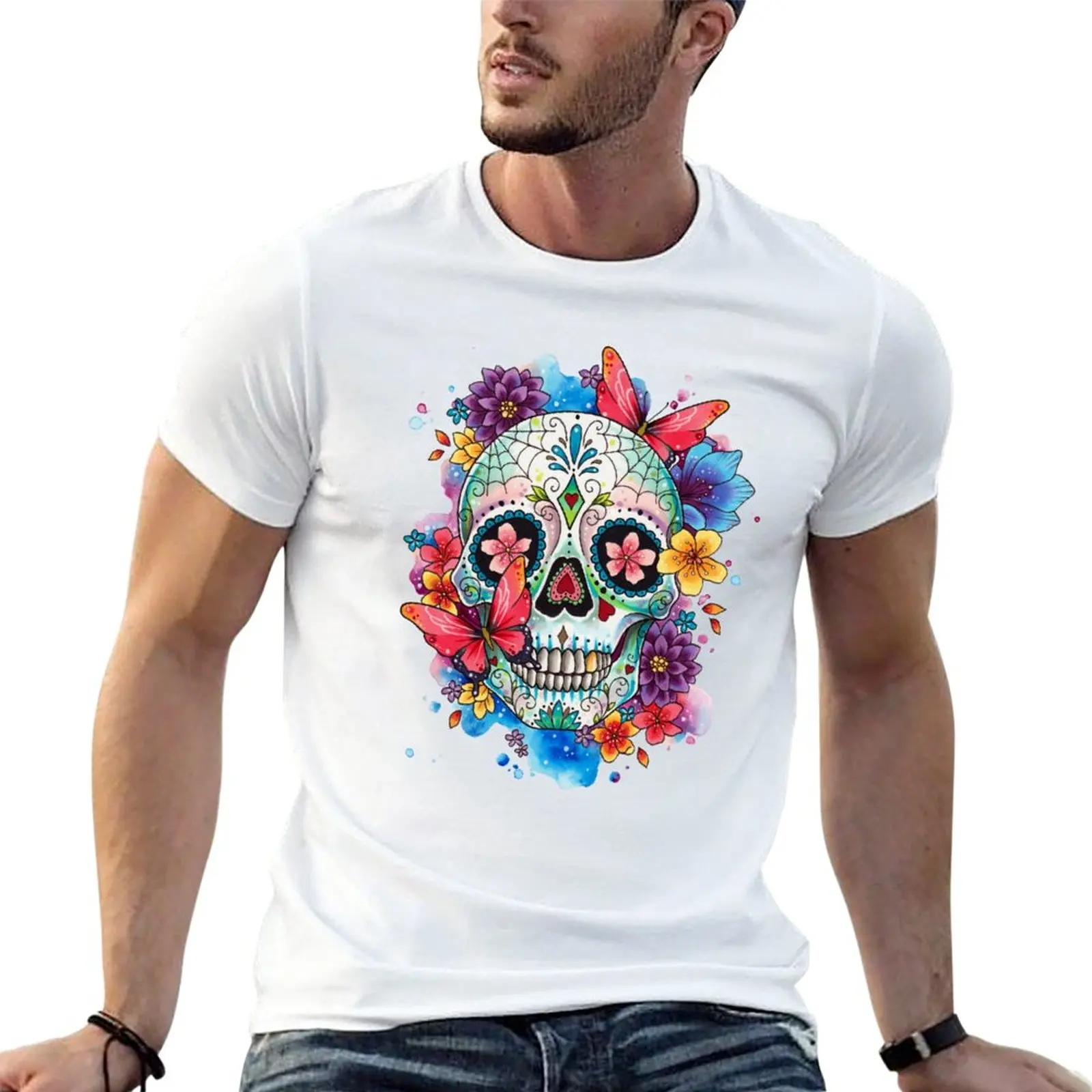 

Новая футболка с изображением черепа и бабочек, летняя дизайнерская футболка для мужчин