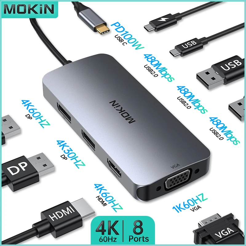 

Док-станция MOKiN 8 в 1 для MacBook Air/Pro, iPad, ноутбука Thunderbolt — USB2.0, HDMI 4K60 Гц, DP 4K60 Гц, VGA 1K60 Гц, PD 100 Вт