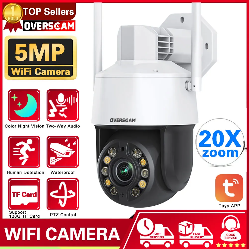 

5MP Tuya 20X Optical PTZ Zoom Security Camera Outdoor Full Color Night Vision WiFi Video Surveillance Cameras Auto Tracking