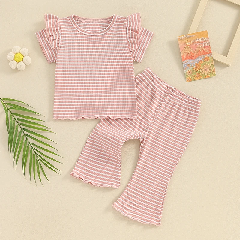 Suefunskry Toddler Girl 2Pcs Summer Set, Round Neck Short Sleeve Striped Tops + Elastic Waist Flare Pants Infant Ribbed Outfits
Suefunskry Toddler Girl 2Pcs Summer Set, Round Neck Short Sleeve Striped Tops + Elastic Waist Flare Pants Infant Ribbed Outfits
