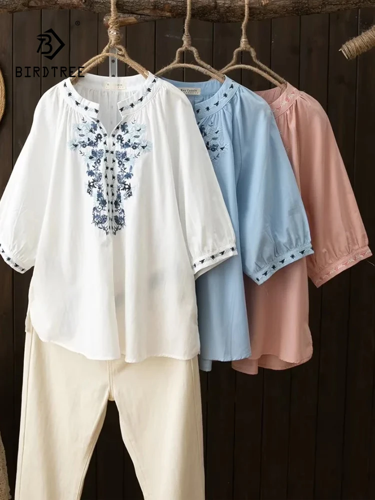 

New Spring Cotton Shirt Women V Neck Half Sleeve Literature Tops Girl Loose Casual Commute Gentle Blouses 2024 Autumn T44047QC