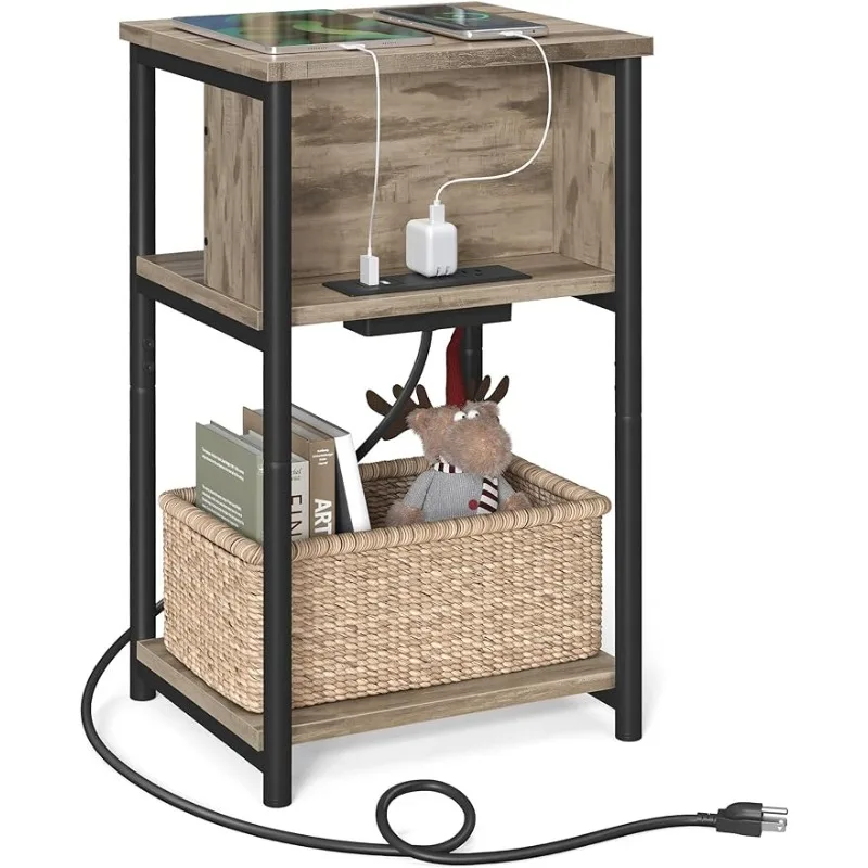 

Side Table with Charging Station, 3-Tier End Table with USB Ports and Outlets, Nightstand for Living Room, Bedroom