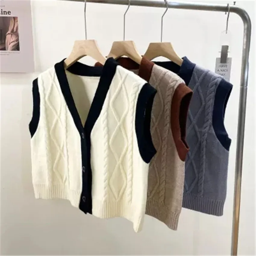 Autumn Winter Knit Vest Top Women V-Neck Single Breasted Knitted Sweater Vest Korean Style Contrast Color Waistcoat Pull Femme
Autumn Winter Knit Vest Top Women V-Neck Single Breasted Knitted Sweater Vest Korean Style Contrast Color Waistcoat Pull Femme