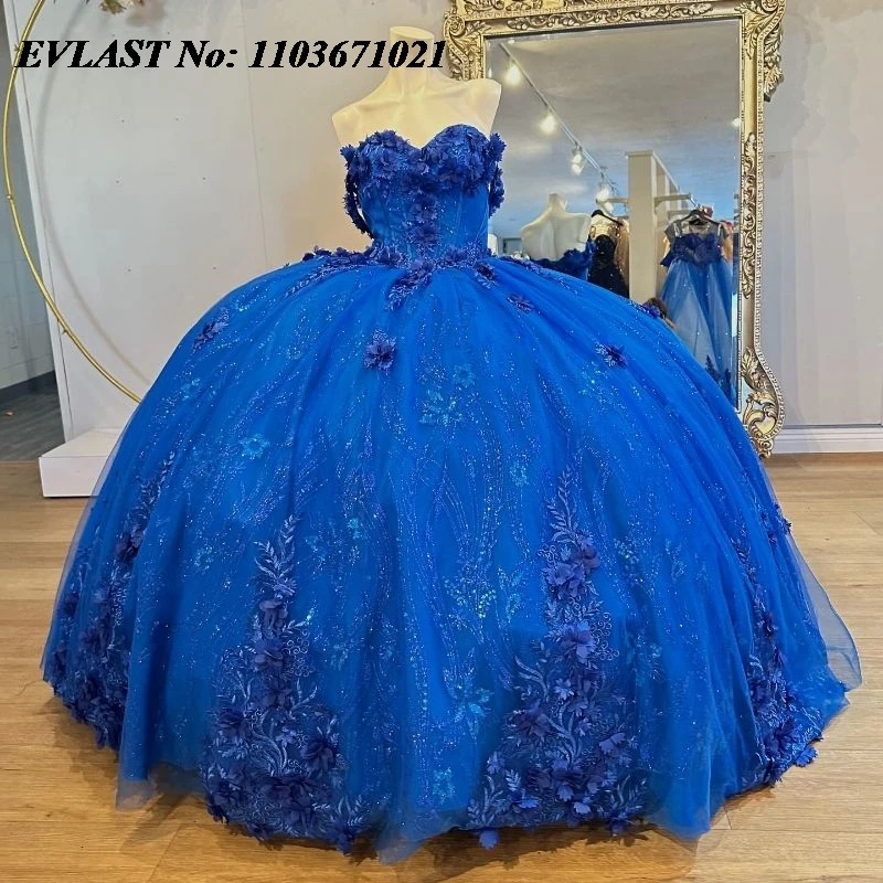 

EVLAST Luxury Royal Blue Quinceanera Dress Ball Gown 3D Floral Applique Beaded Crystals Sweet 16 Vestidos De XV 15 Anos SQ105