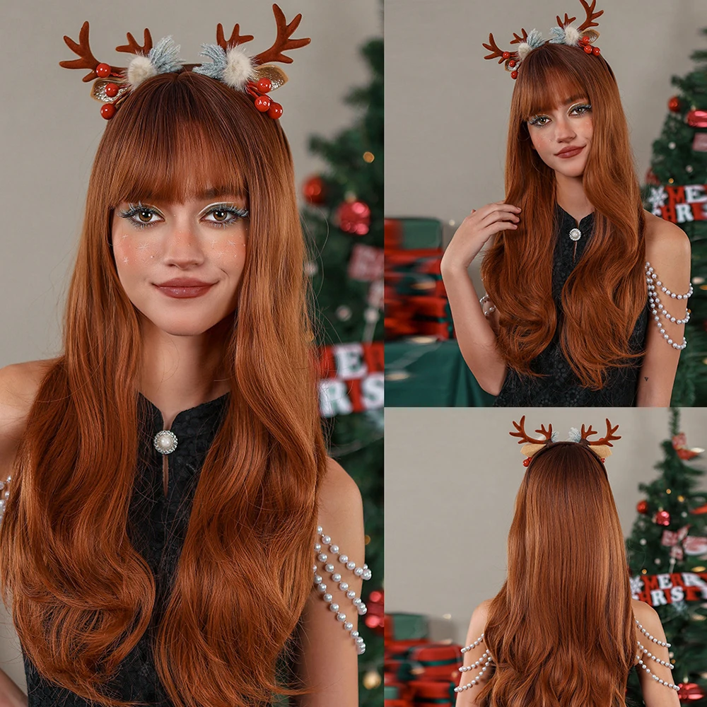 

Wig set, popular in Europe and America, orange brown wig full head set, straight bangs, long curly hair, Halloween cosplay, synt