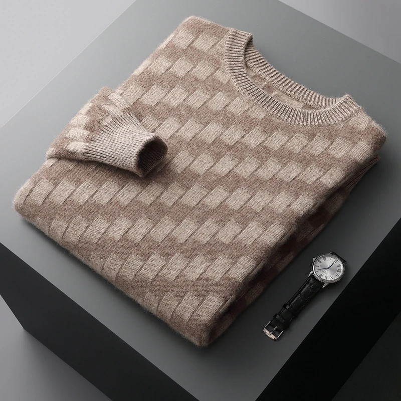 

Мужской пуловер из козы и кашемира, зимний теплый плотный свитер высокого качества, однотонный вязаный пуловер с круглым вырезом, Мужской Топ, 100%