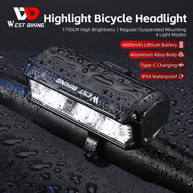 

WEST BIKING Bicycle Front Light 1750 Lumens Waterproof Headlights Type-C Rechargable Power Display Flashlight MTB Road Bike Lamp