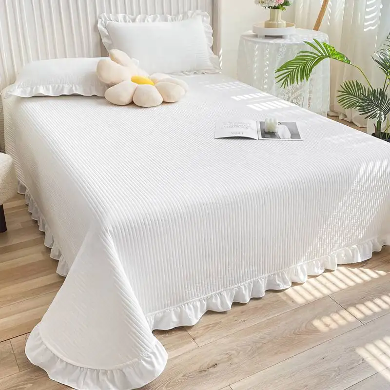 

Ruffles Cotton Quilt Set, Quilted Bedspread on The Bed, Korean Style, Padded Blanket, Stripe Coverlet, Cubrecam Bed Cover Colcha