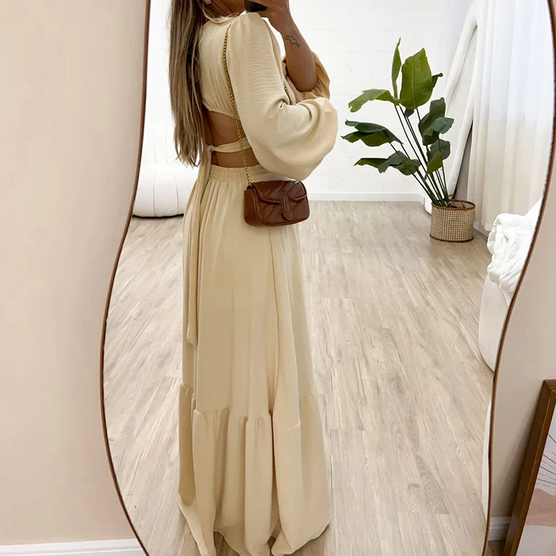 Simple Fashion Lace-up Backless Long Dress Women 2024 Spring O-neck Pleated Maxi Dress Autumn Long Sleeve Loose Boho Party Dress
Simple Fashion Lace-up Backless Long Dress Women 2024 Spring O-neck Pleated Maxi Dress Autumn Long Sleeve Loose Boho Party Dress